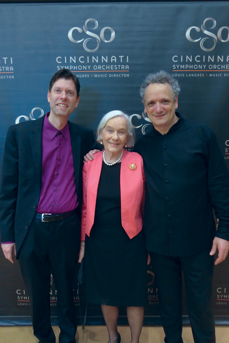Composer Pierre Jalbert (left) and CSO Music Director Louis Langrée are joined by Ann Santen after the April 14, 2018 world premiere performance of Jalbert’s Passage, which Santen underwrote.
